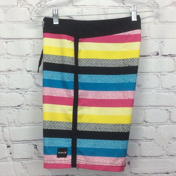 Hurley Shorts Men’s 30 Swim/Board Multicolored Lace Up Striped Zip Pocket Beach - Picture 1 of 11